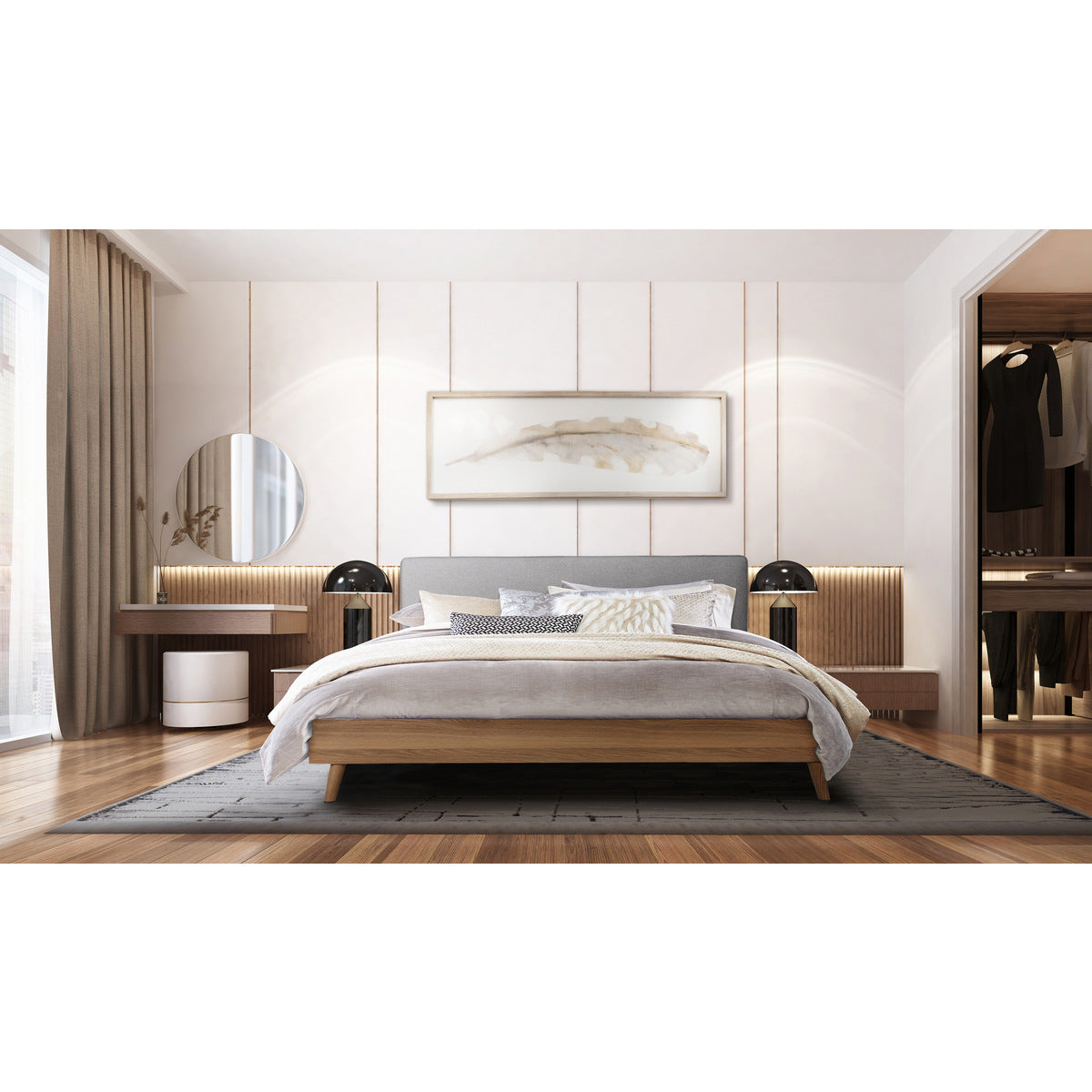 Lit Queen Complet Cassidy | Gris et Bois Naturel | QYG0985