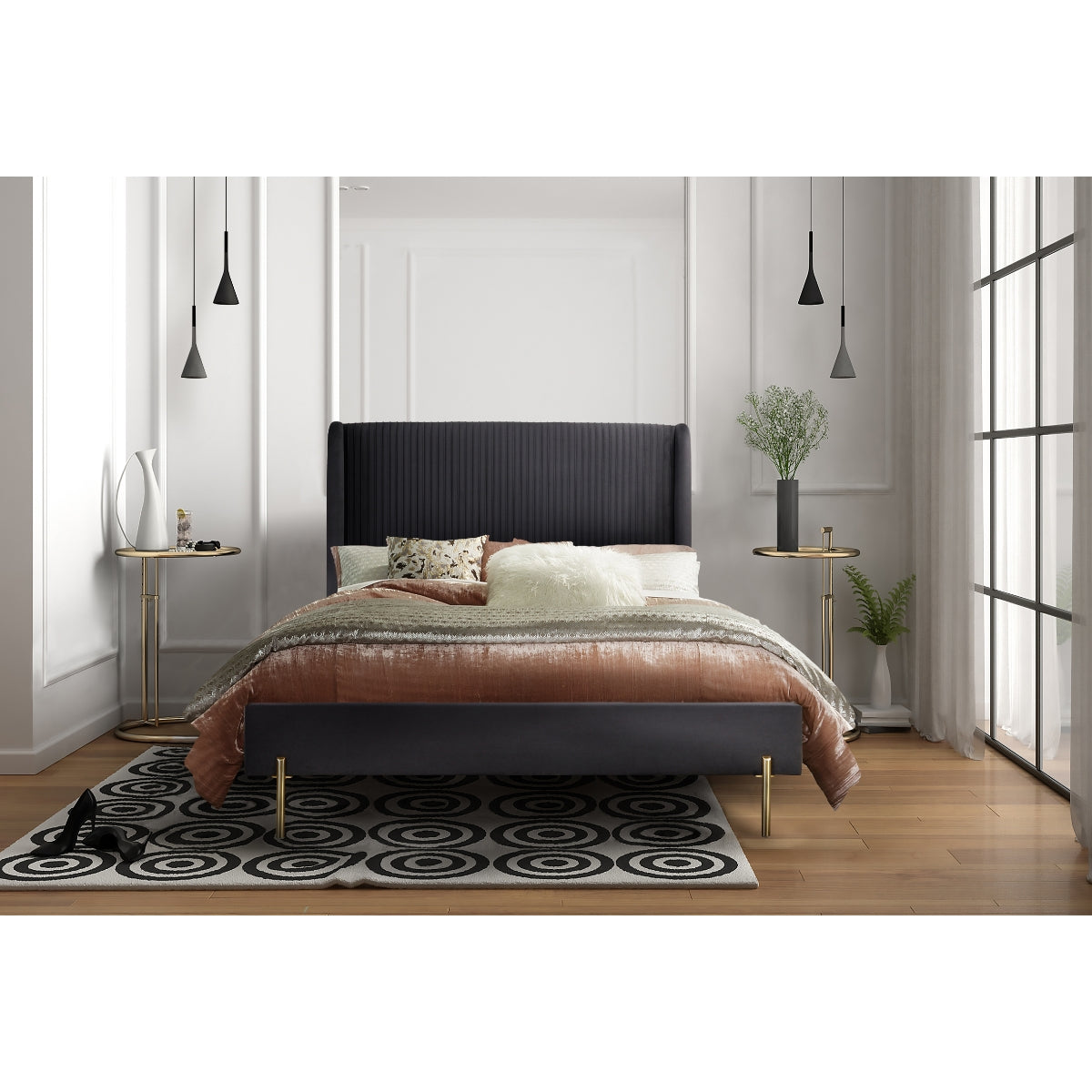 Lit Queen Complet Estelle | Velours Gris Foncé | QGD0095
