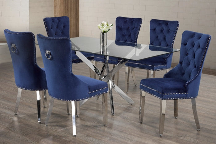 Chaise de Cuisine en Velours Bleu avec Dossier Boutonné | 2621-C