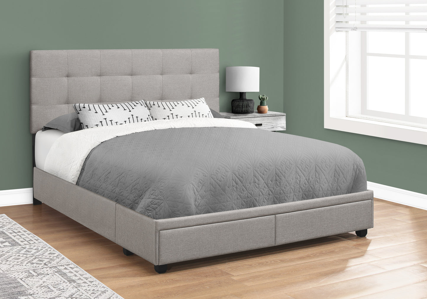 Lit Queen complet/ Aves 2 Tiroirs Rangement / Tissu Gris Pâle / #MO6021Q
