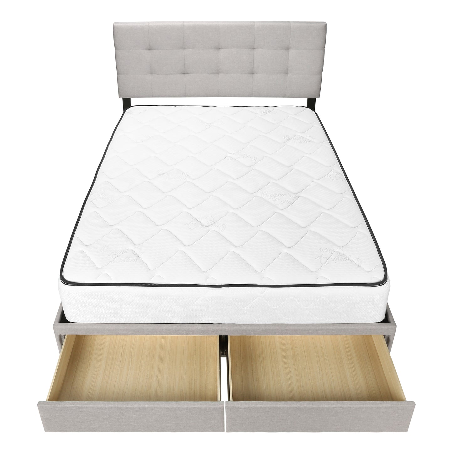 Lit Queen complet/ Aves 2 Tiroirs Rangement / Tissu Gris Pâle / #MO6021Q
