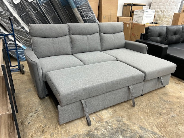 Sofa-lit 3 Places Gris avec Chaise Longue Réversible