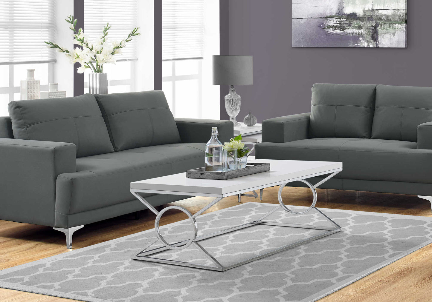 Table de Salon / Blanc Lustre Avec Métal Chrome / #MO3400