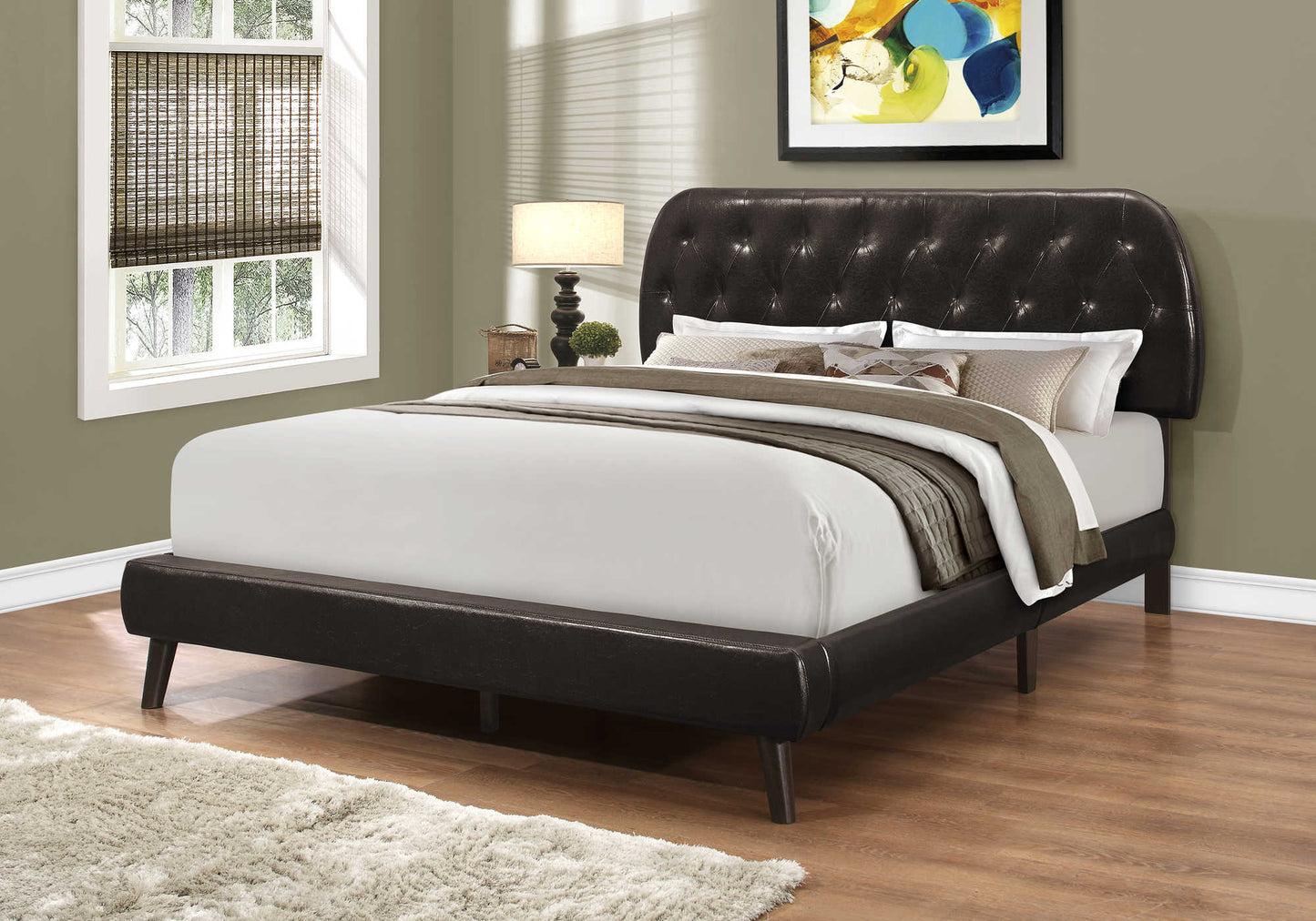 Lit Queen Complet / Pattes en Bois Simili-Cuir Brun Foncé / #MO5982Q