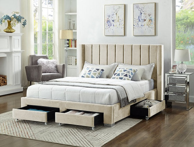 Lit Queen Complet en Velours avec Rangement | Crème | 2135-FI