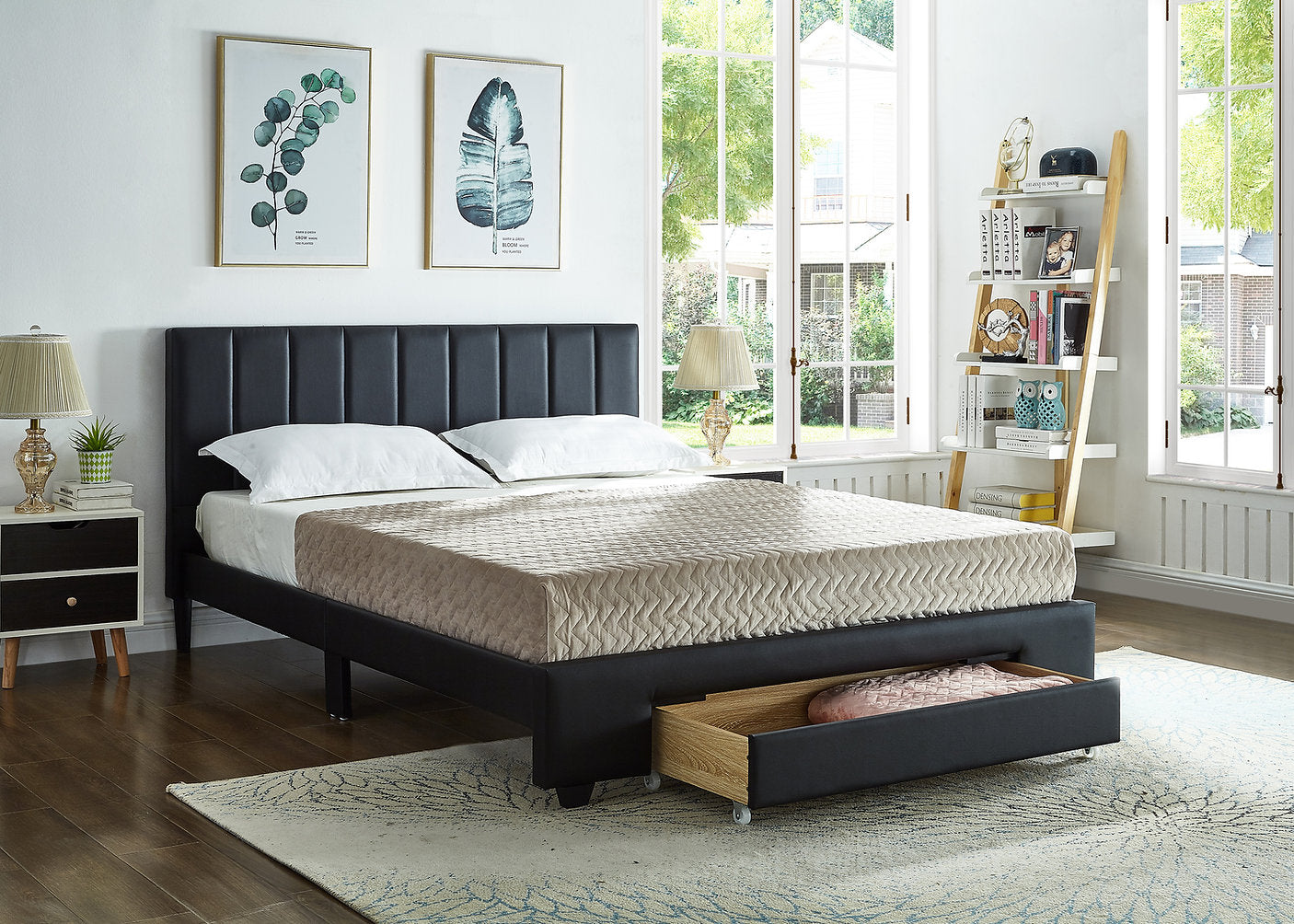 Lit Queen Complet Moderne Épuré et Tirroir de Rangement | Noir | 0845-FI