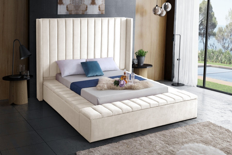 Lit Queen Complet en Velours | Crème | 3275-FI