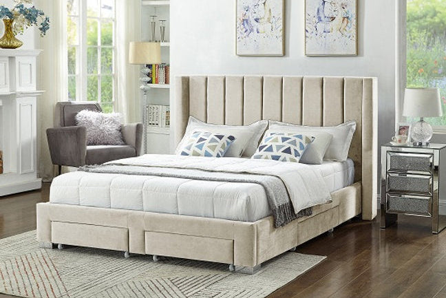 Lit Queen Complet en Velours avec Rangement | Crème | 2135-FI