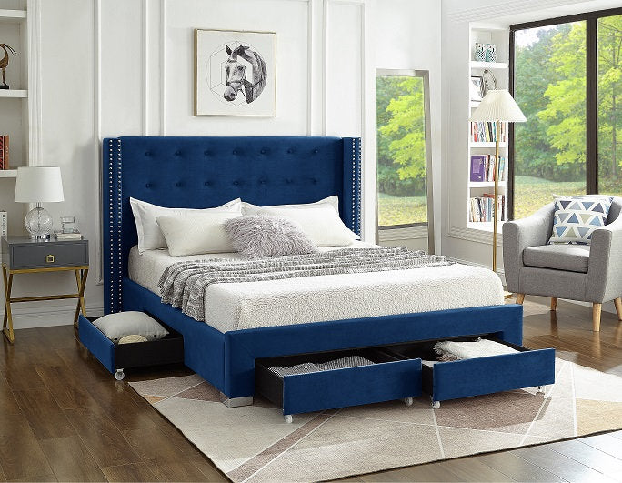 Lit Queen Complet Velours avec Détails Cloutés | Bleu | 1235-FI