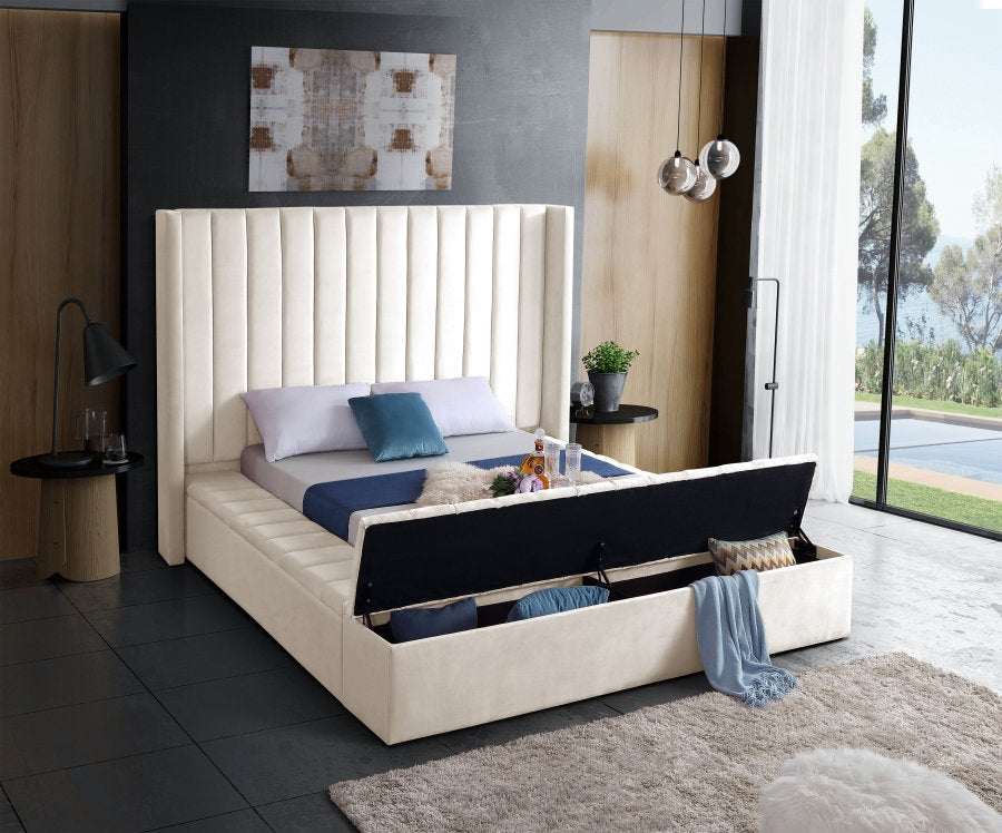 Lit Queen Complet en Velours | Crème | 3275-FI