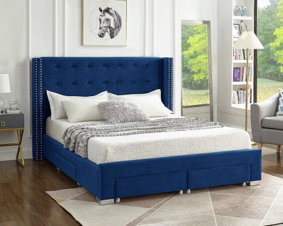 Lit Queen Complet Velours avec Détails Cloutés | Bleu | 1235-FI