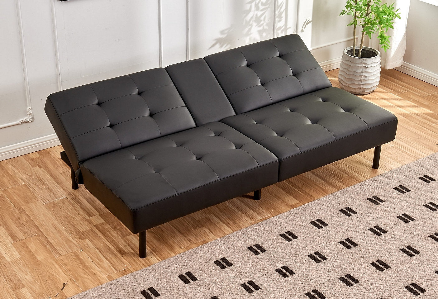 Sofa-Lit en PU Noir avec Plateau Rabattable et Porte-Gobelets | 1908-FI