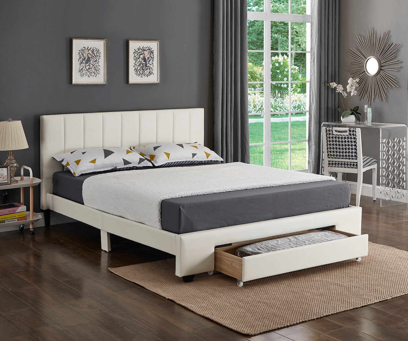 Lit Queen Complet Moderne Épuré et Tirroir de Rangement | Blanc | 2845-FI