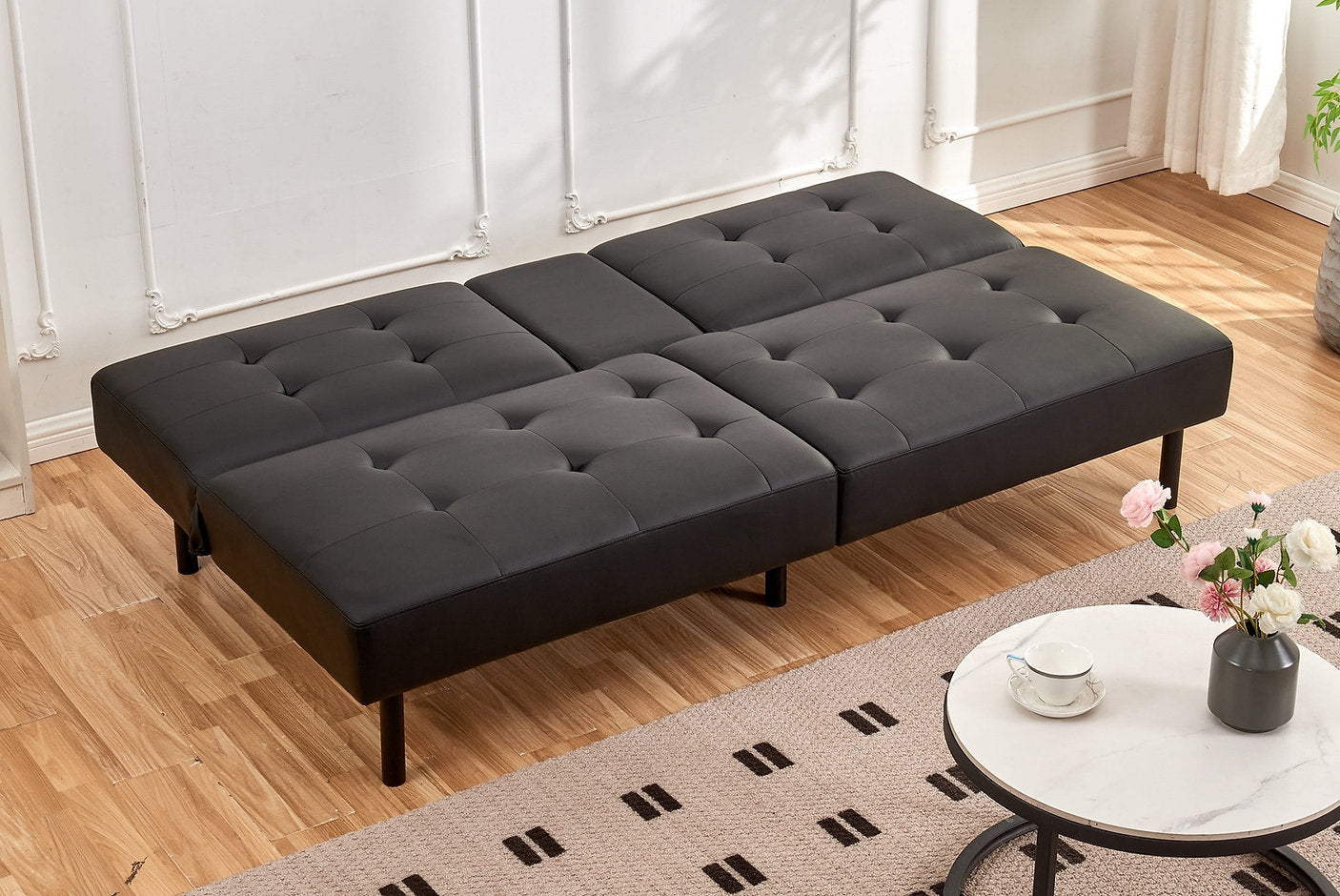 Sofa-Lit en PU Noir avec Plateau Rabattable et Porte-Gobelets | 1908-FI