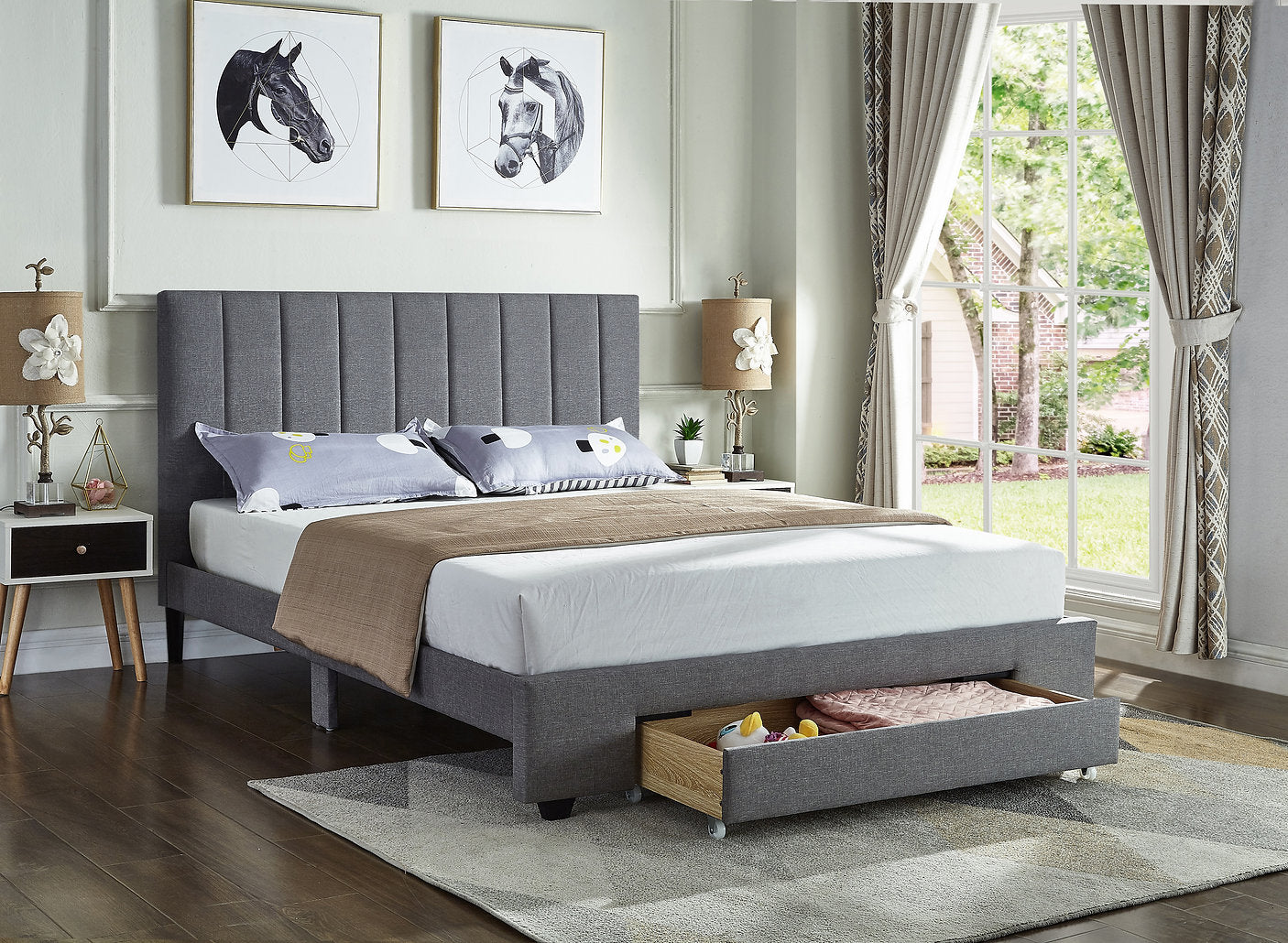 Lit Queen Complet Moderne Épuré et Tirroir de Rangement | Gris | 3845-FI