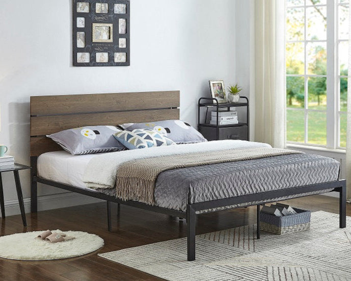 Lit Simple Complet Minimaliste avec Tête de Lit en Bois | Noir | 5425-FI
