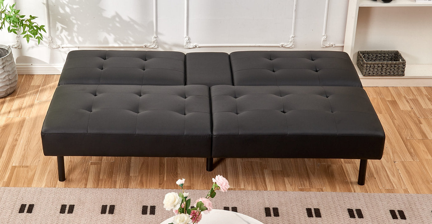 Sofa-Lit en PU Noir avec Plateau Rabattable et Porte-Gobelets | 1908-FI