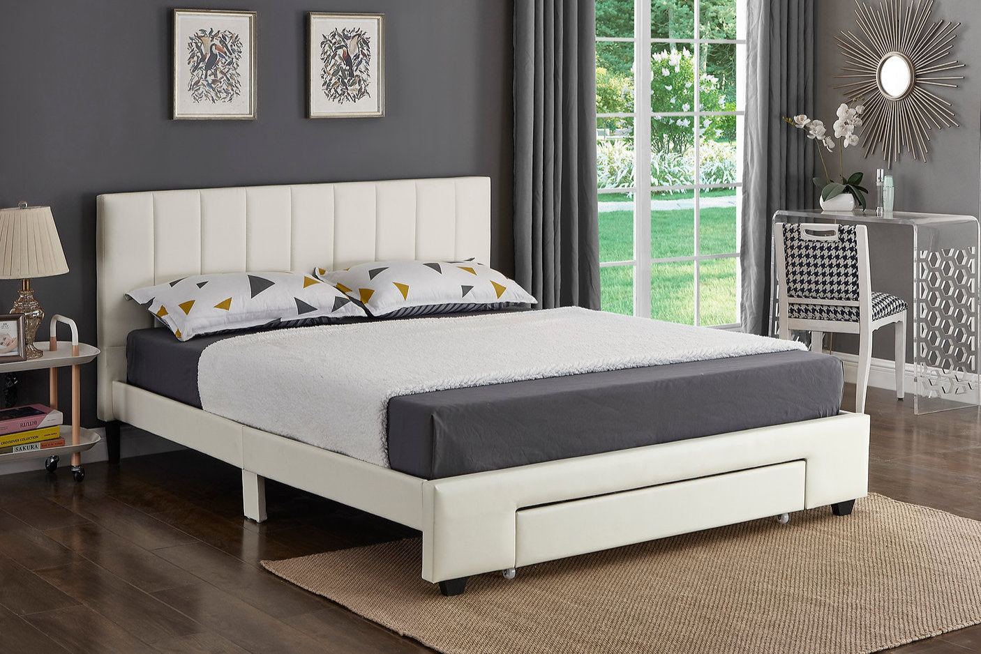 Lit Queen Complet Moderne Épuré et Tirroir de Rangement | Blanc | 2845-FI