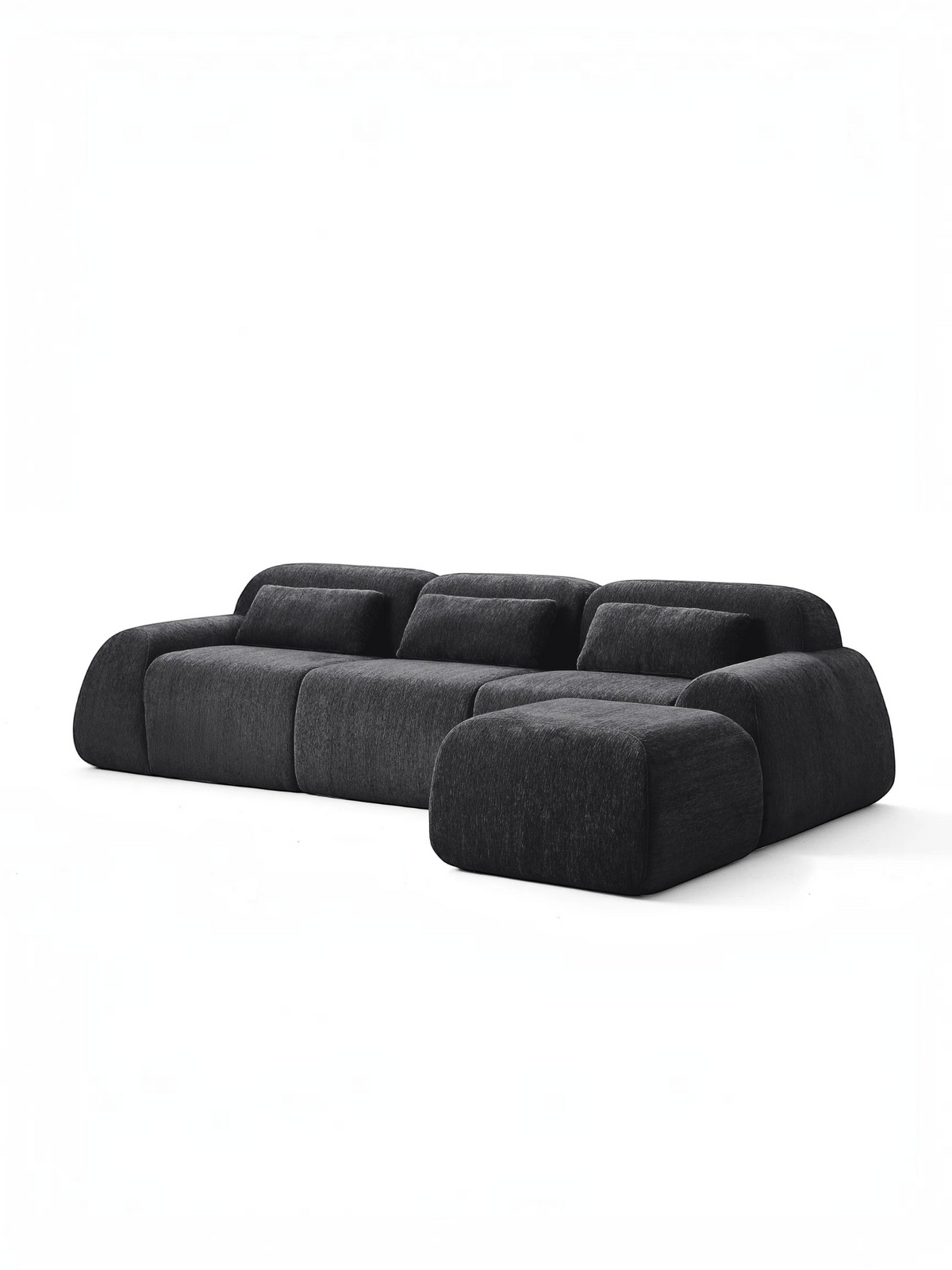 Sofa modulaire noir TOCO Meubles Mia avec trois sections et ottoman, design contemporain en tissu texturé