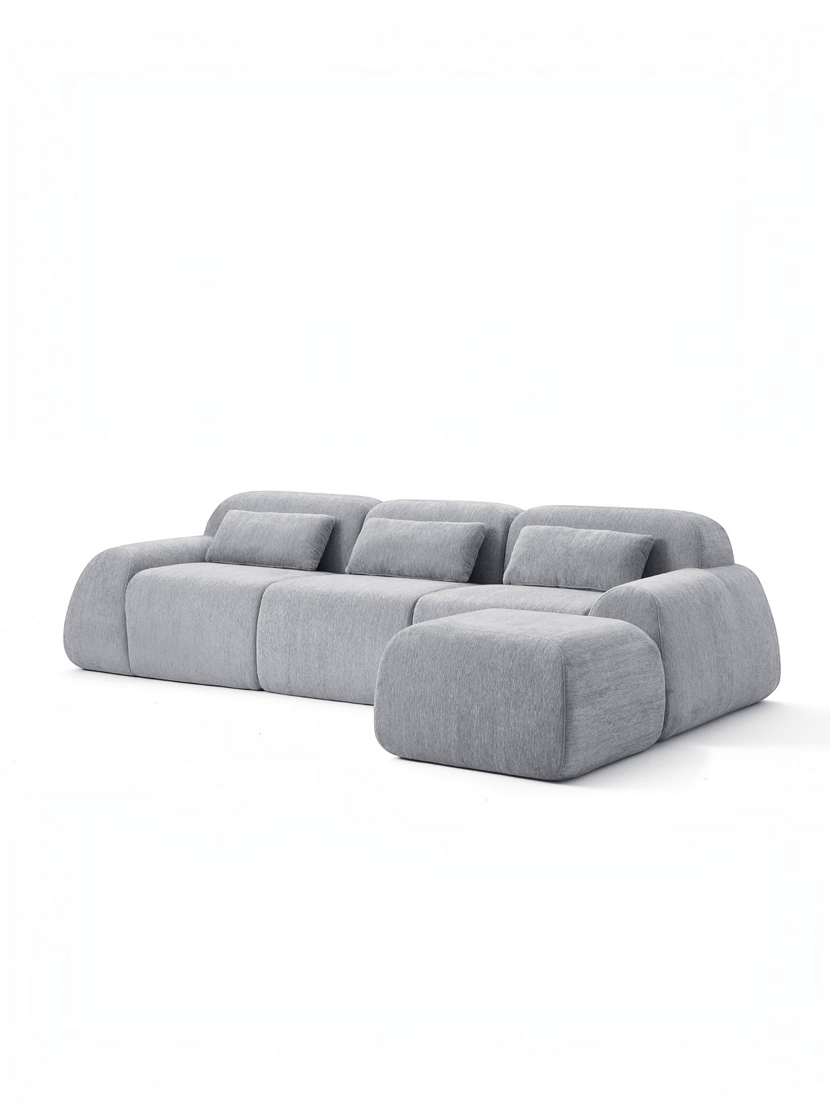 Sofa modulaire gris TOCO Meubles Mia avec trois sections et ottoman assorti au design contemporain et confortable