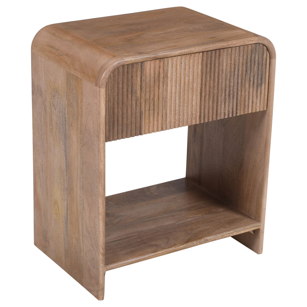 Table de chevet Rigaud TOCO Meubles en bois de manguier fini naturel, vue de face sur fond blanc