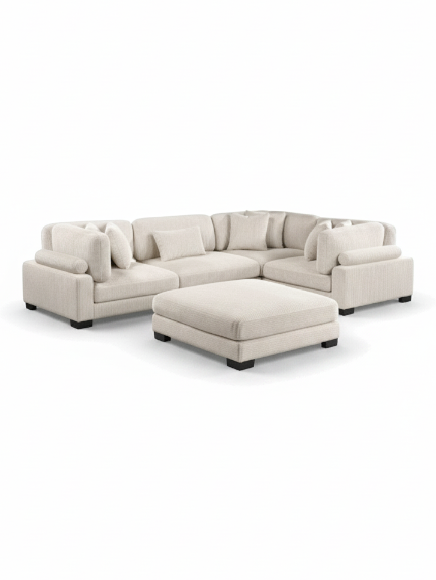 Sofa modulaire Traverse TOCO Meubles en velours côtelé beige avec pouf assorti et coussins décoratifs
