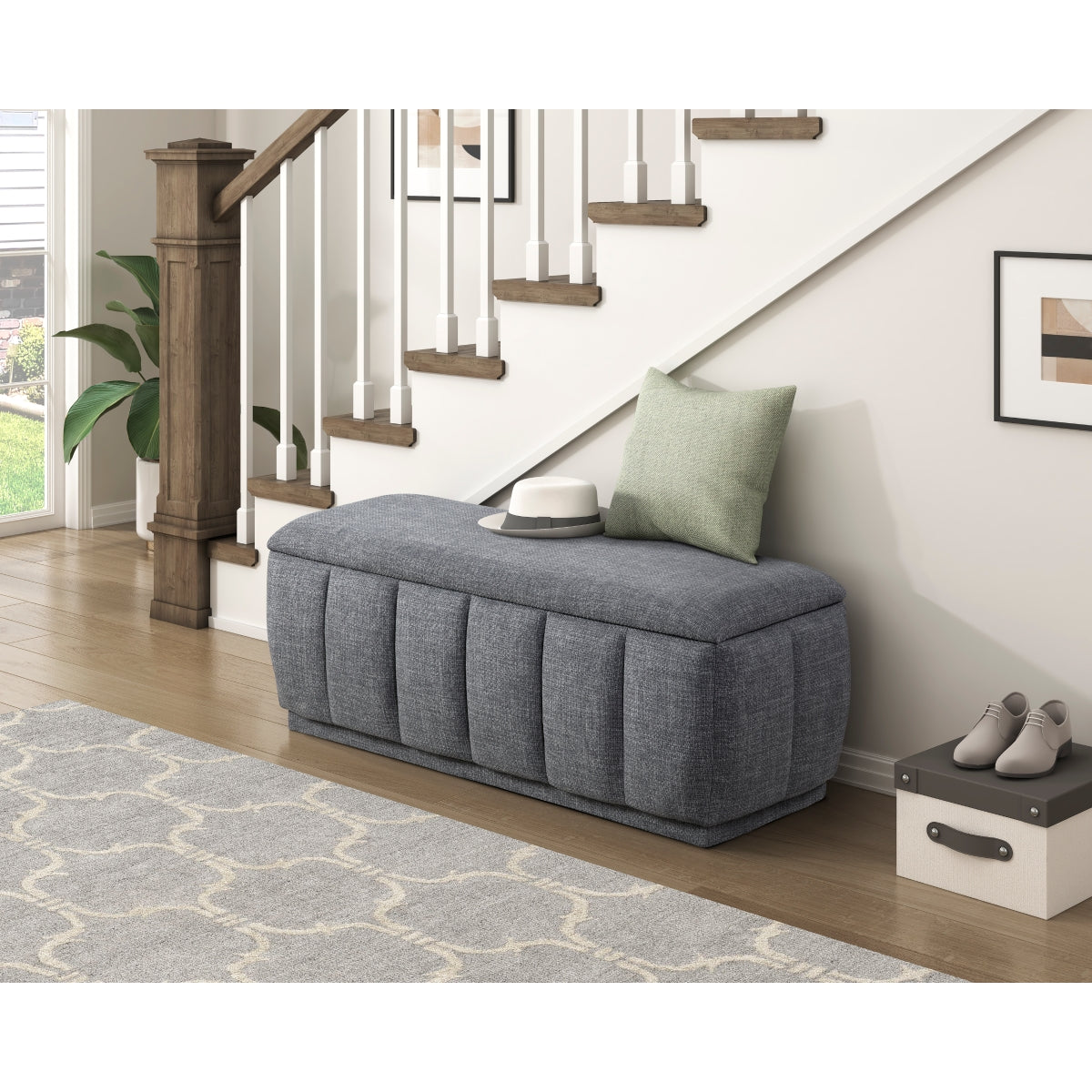 Banc de rangement Charlevoix gris dans une chambre