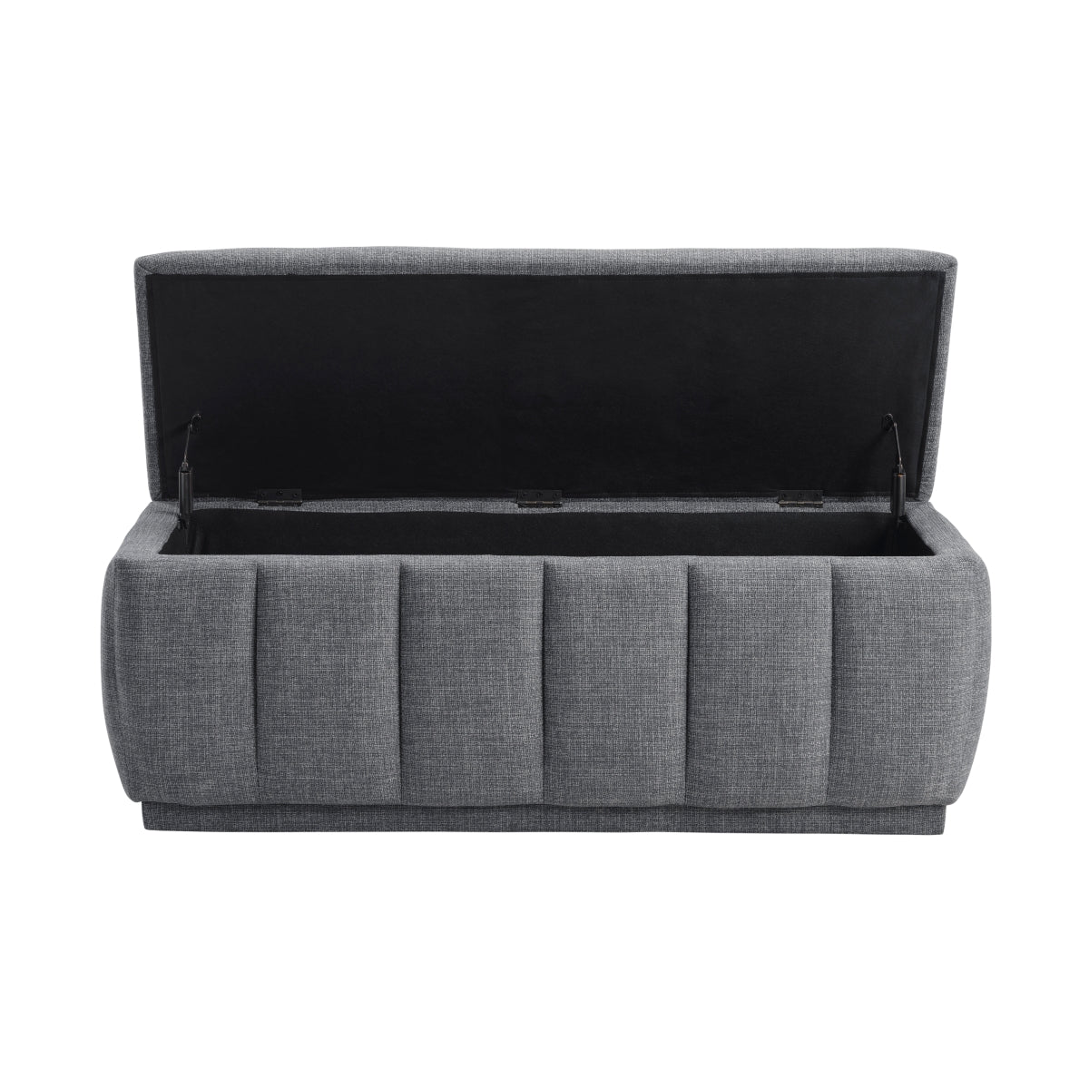 Banc de rangement Charlevoix gris ouvert montrant le rangement intérieur