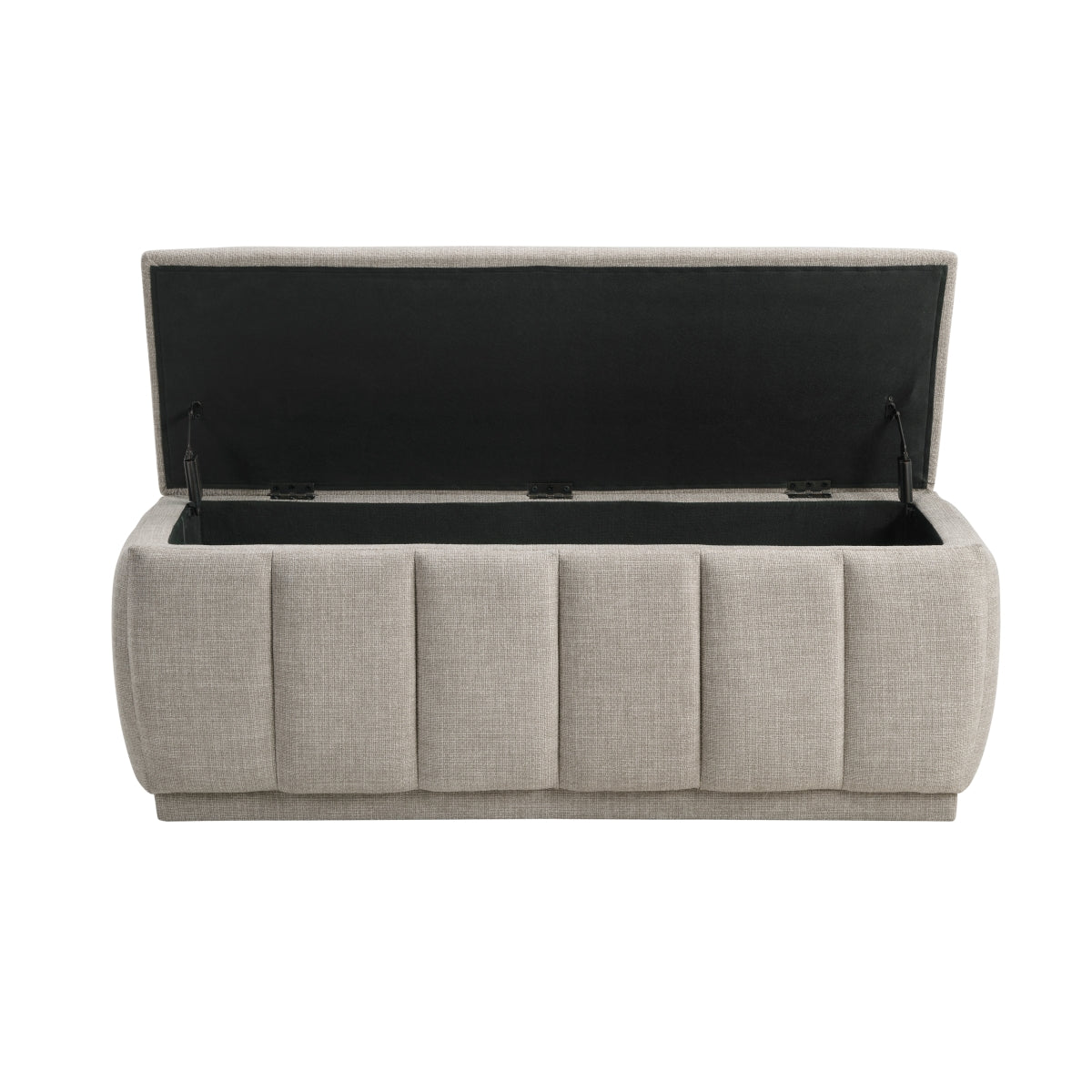 Banc de rangement Charlevoix taupe ouvert montrant le rangement intérieur