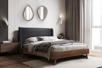 Lit Queen Complet- Base en Faux Bois avec tête en Tissu Gris Foncé