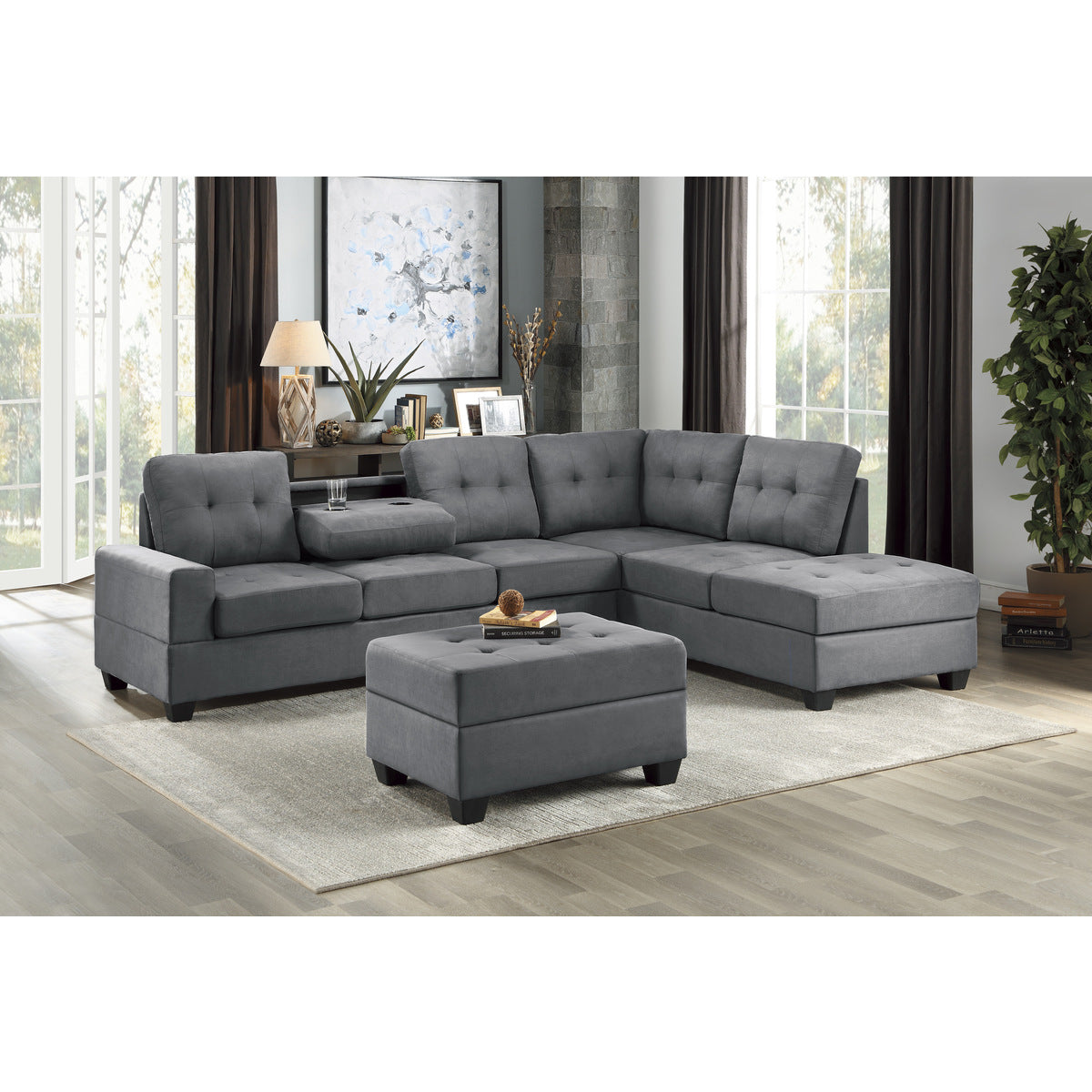 Sofa Sectionnel Réversible 2-Pièces avec Porte-Gobelets Escamotables | Gris Foncé | CS*YGD7509