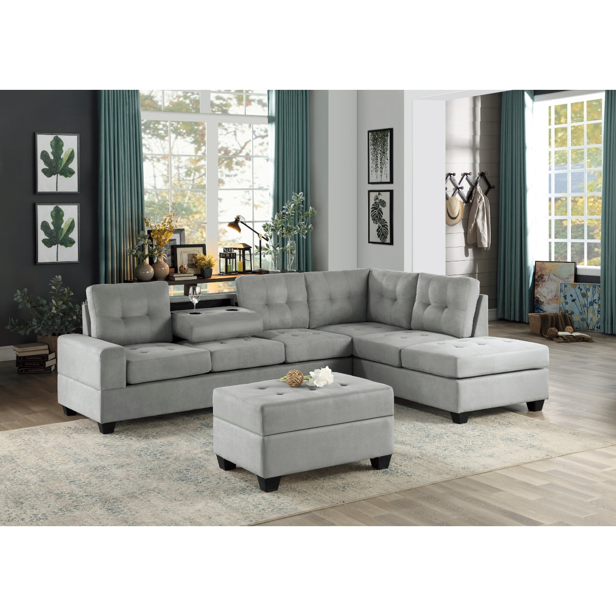 Sofa Sectionnel Réversible 2-Pièces avec Porte-Gobelets Escamotables | Gris | CS*YRG0795