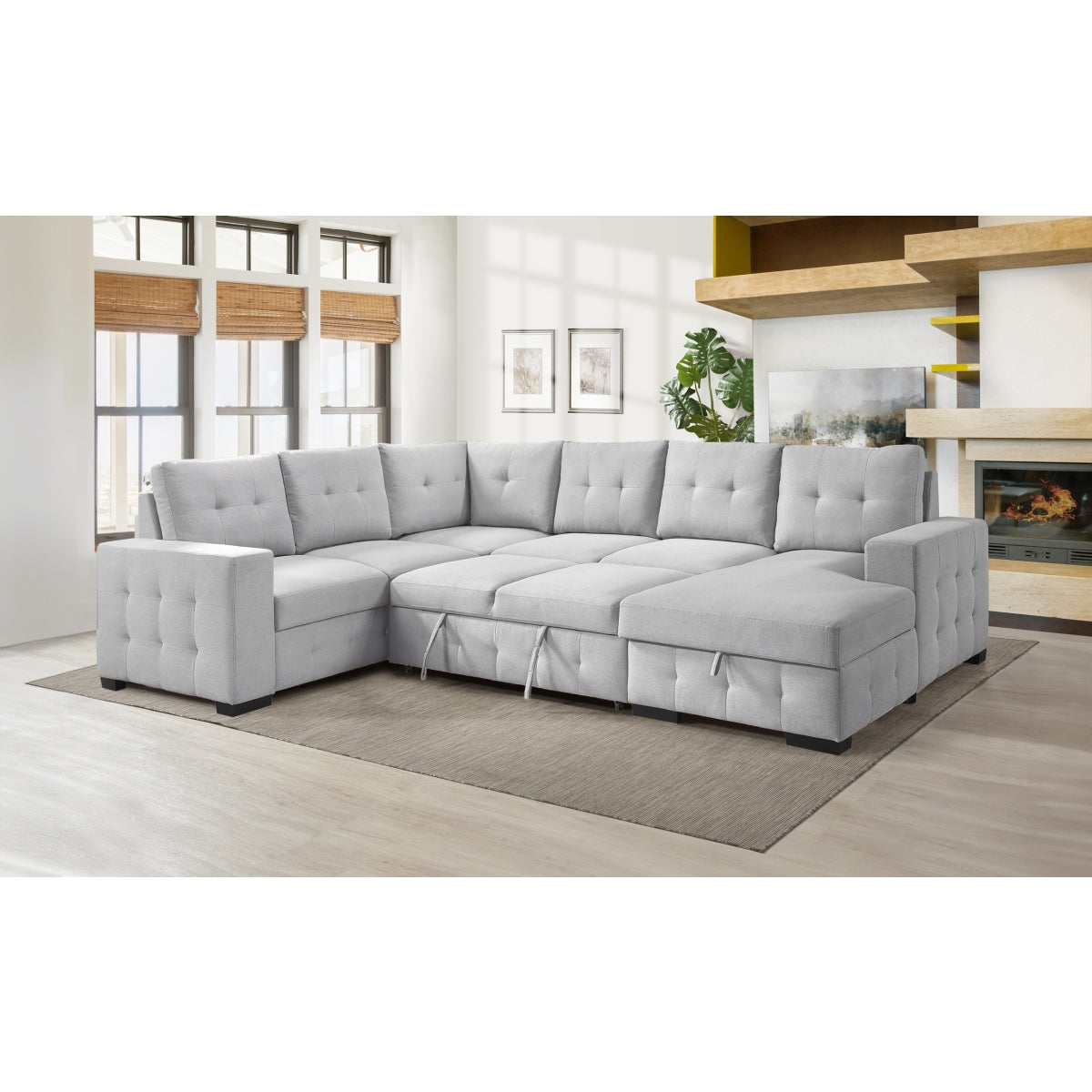 Sofa Sectionnel 4-Pièces avec Lit Escamotable et Chaise de Rangement à Droite | Gris Clair | R4SSYGL32099