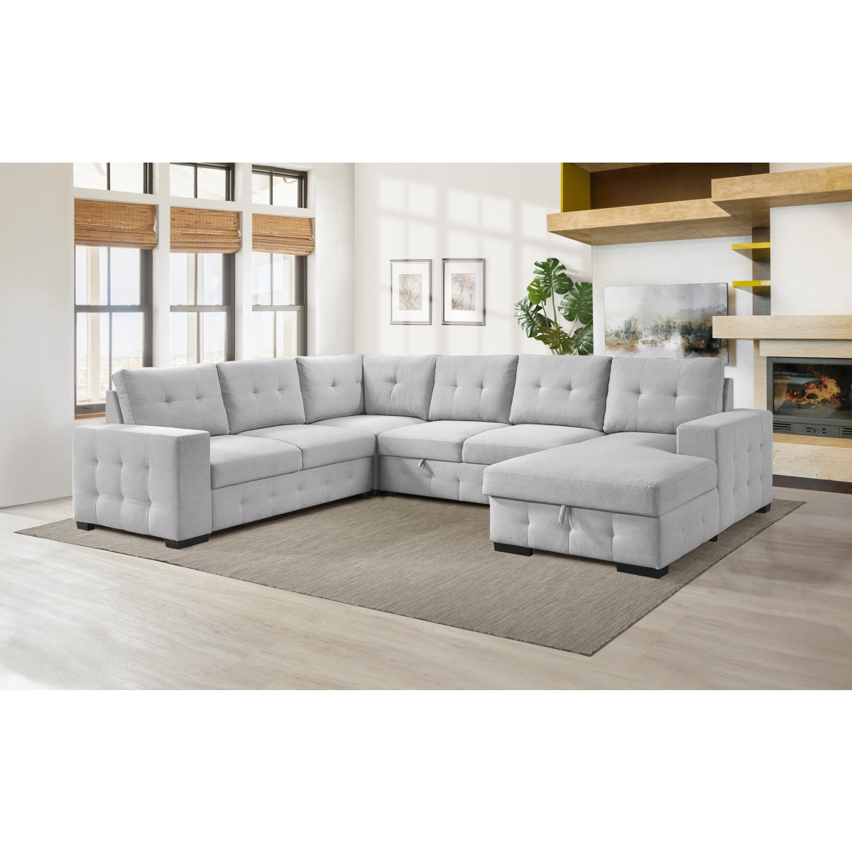 Sofa Sectionnel 4-Pièces avec Lit Escamotable et Chaise de Rangement à Droite | Gris Clair | R4SSYGL32099