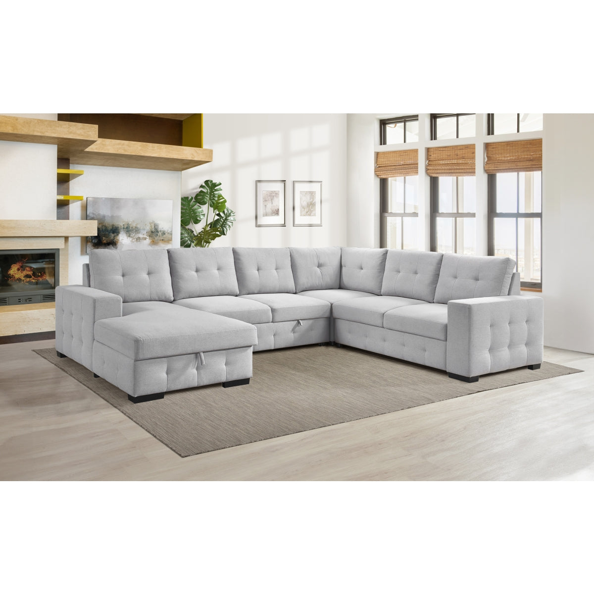 Sofa Sectionnel 4-Pièces avec Lit Escamotable et Chaise de Rangement à Gauche | Gris Clair | L4SSYGL32099