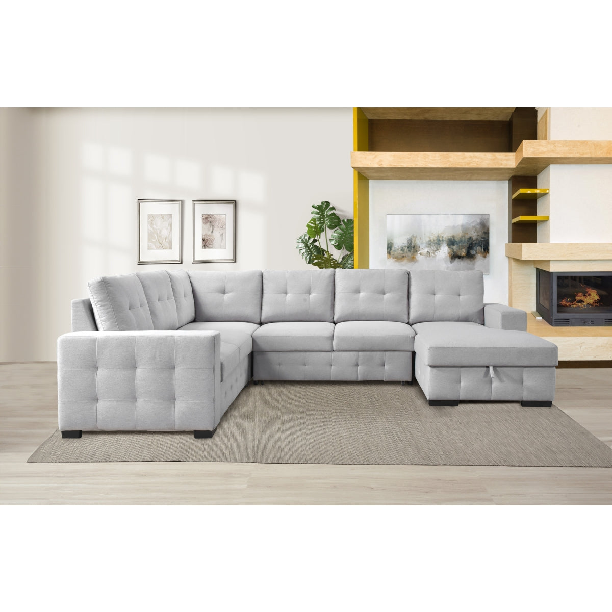 Sofa Sectionnel 4-Pièces avec Lit Escamotable et Chaise de Rangement à Droite | Gris Clair | R4SSYGL32099