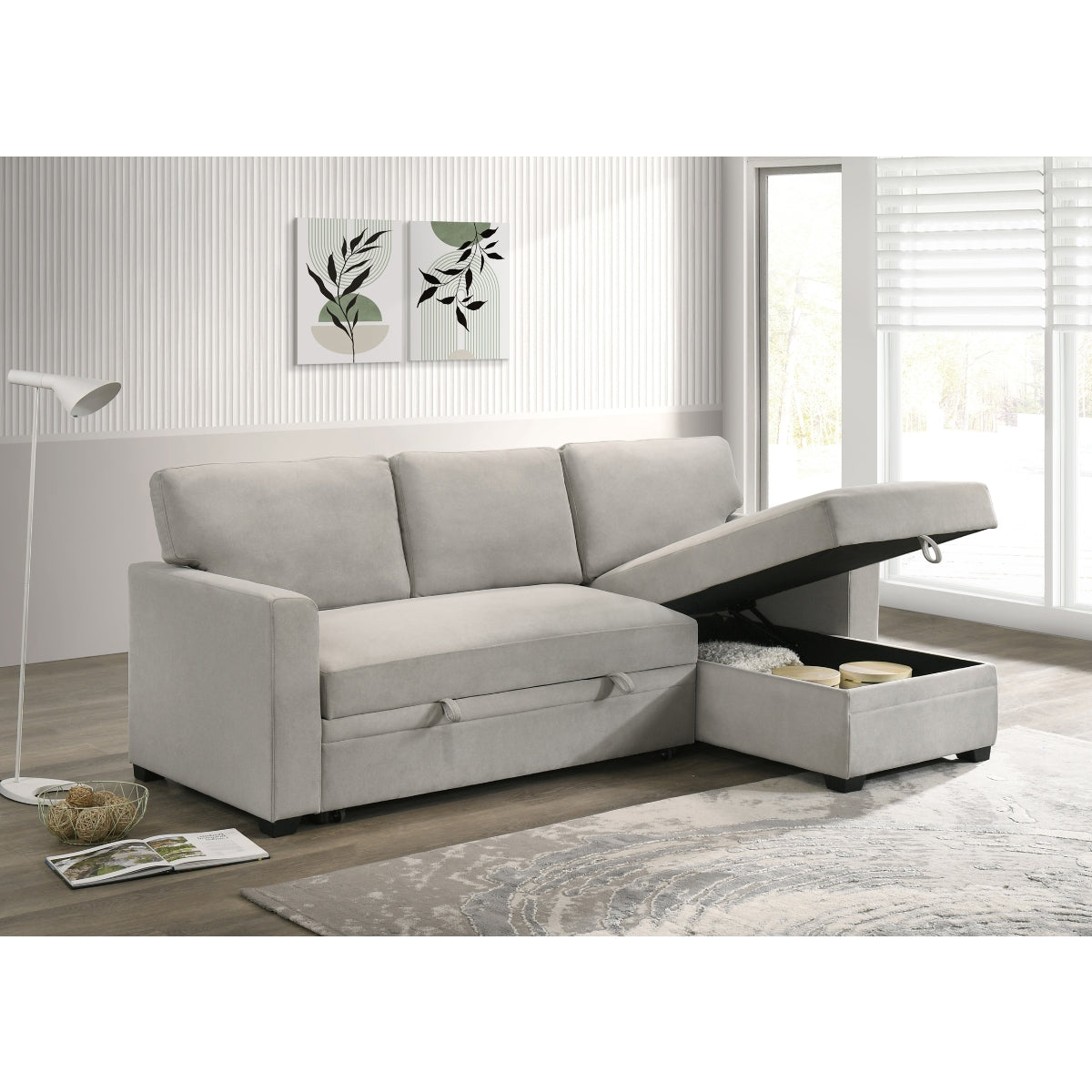 Sofa Sectionnel 2-Pièces avec Lit Escamotable et Chaise Réversible de Rangement | Beige | SSEB37099