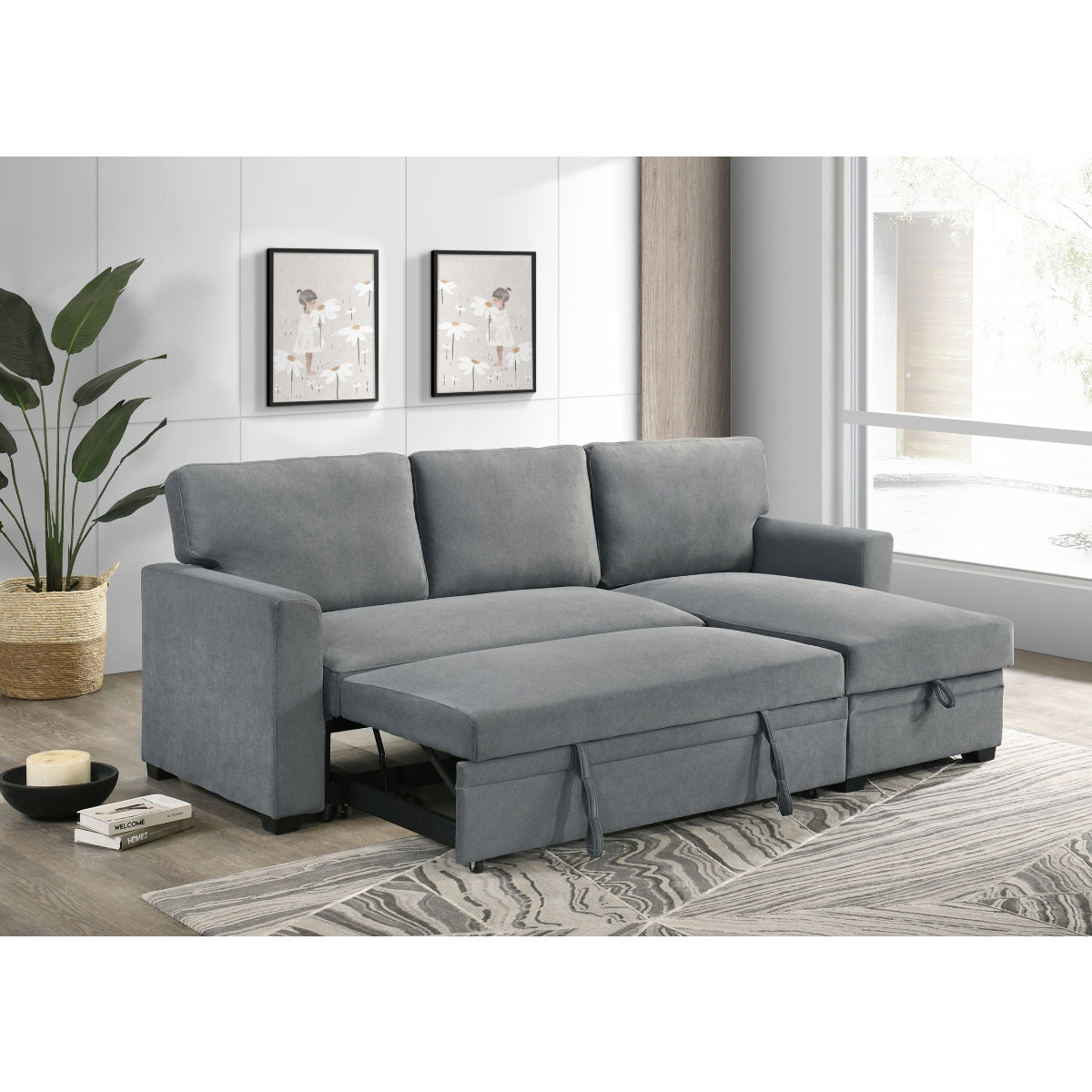 Sofa Sectionnel 2-Pièces avec Lit Escamotable et Chaise Réversible de Rangement | Gris | SSYG37099