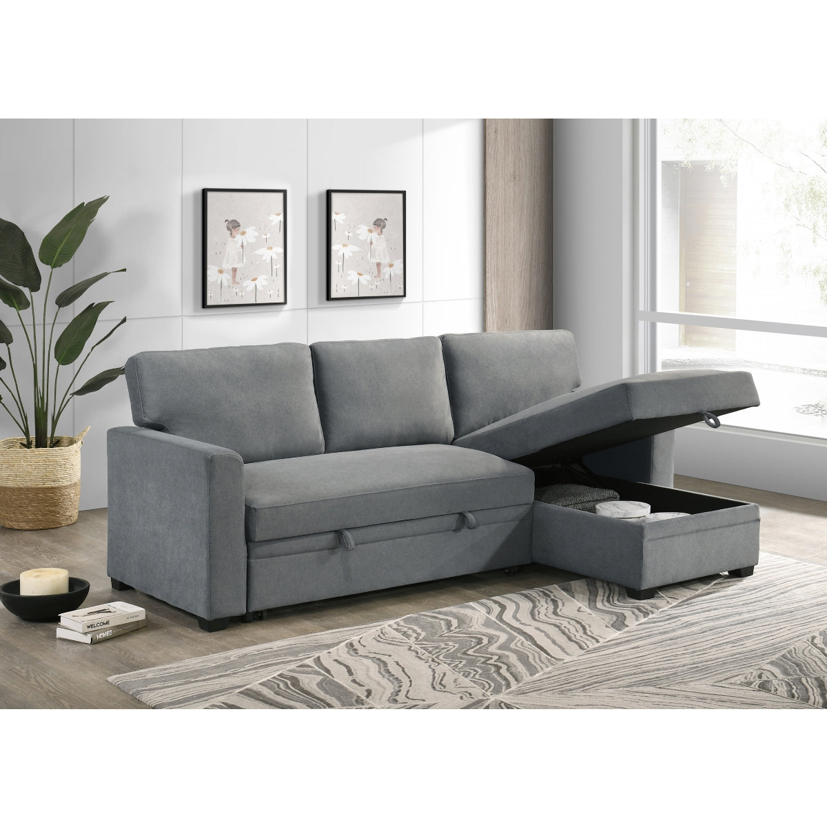 Sofa Sectionnel 2-Pièces avec Lit Escamotable et Chaise Réversible de Rangement | Gris | SSYG37099