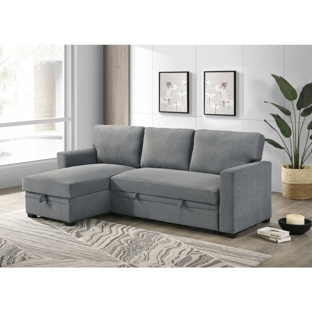 Sofa Sectionnel 2-Pièces avec Lit Escamotable et Chaise Réversible de Rangement | Gris | SSYG37099