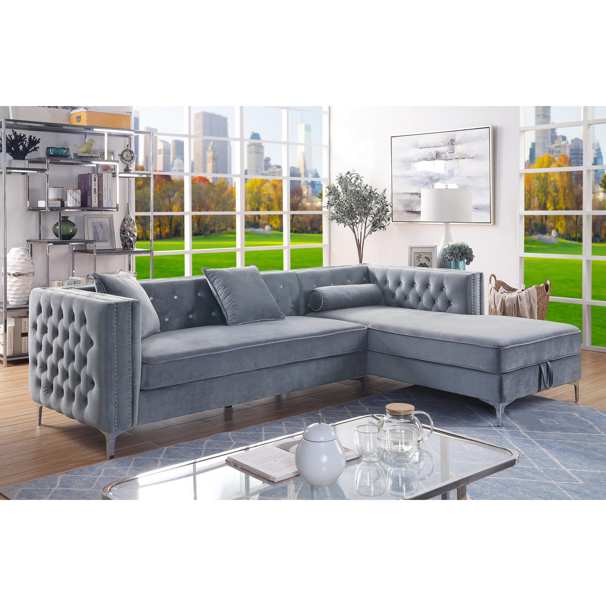 Sofa Sectionnel 2-Pièces avec Chaise de Rangement à Droite | Gris | RSSYGR17899