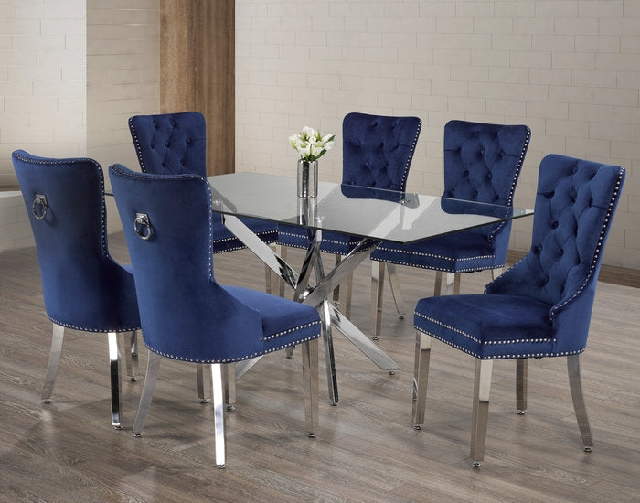 Chaise de Cuisine en Velours Bleu avec Dossier Boutonné | 2621-C