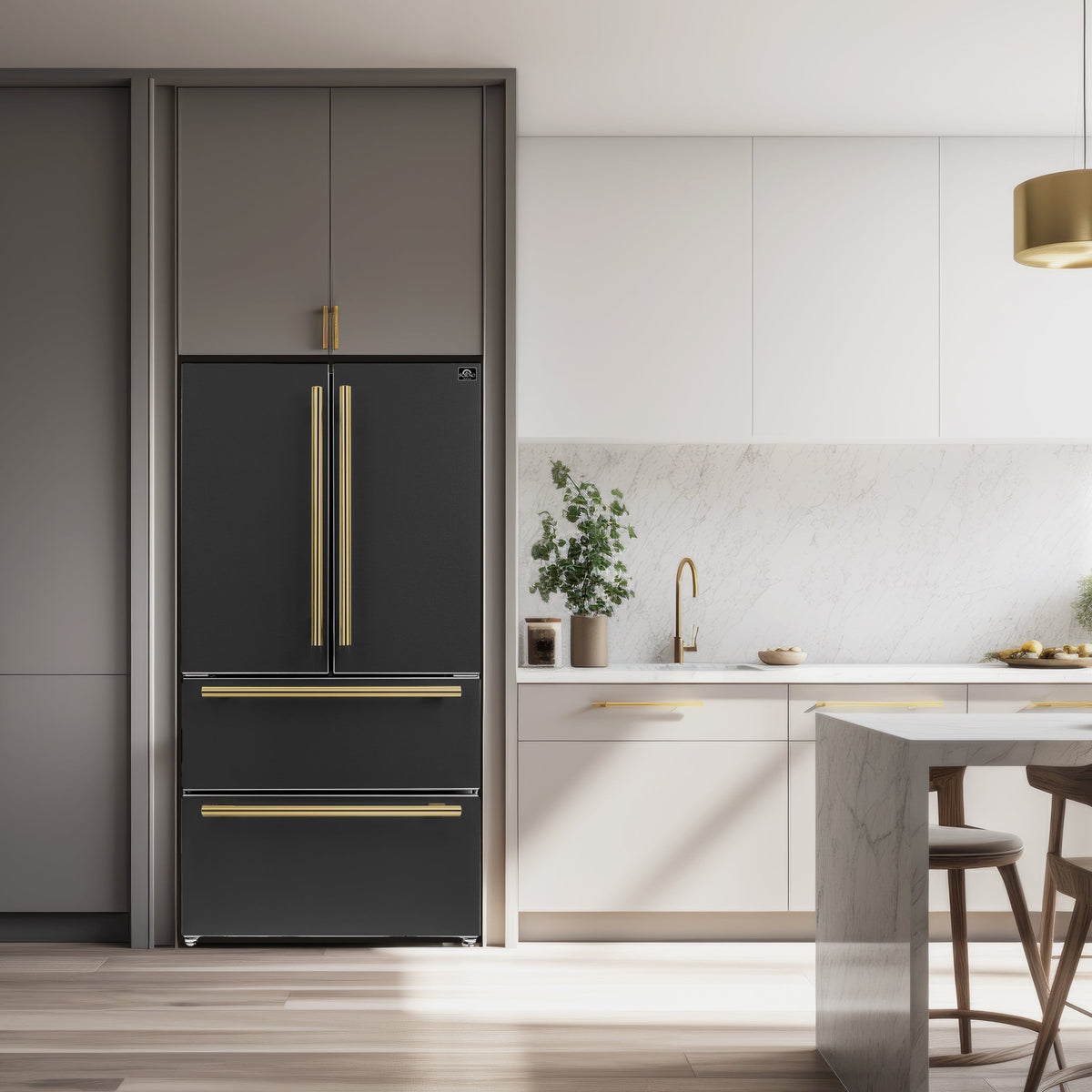 Réfrigérateur à portes françaises Forno Moena noir FFRBI1820-36BLK dans une cuisine – Meubles TOCO