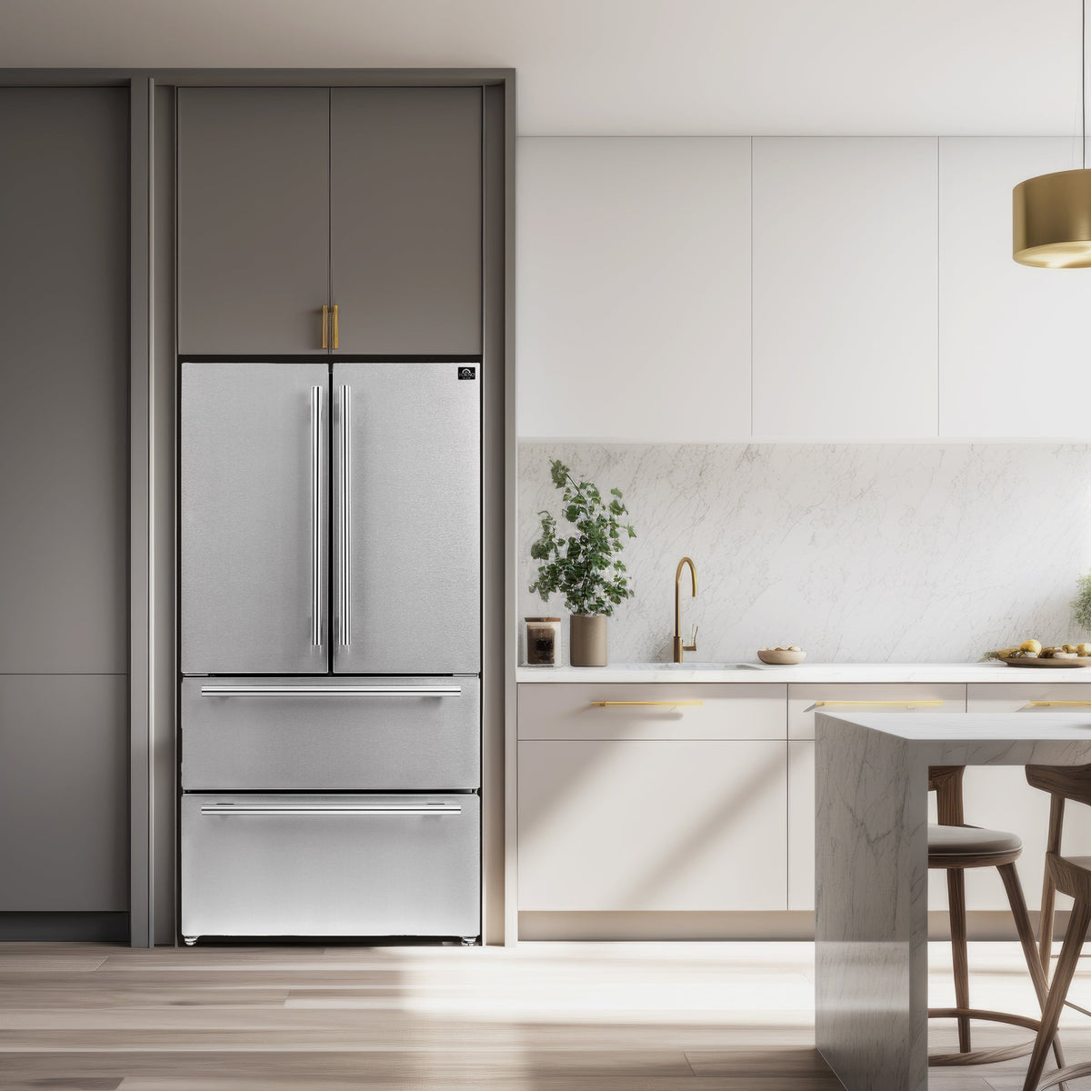 Réfrigérateur à portes françaises Forno Moena inox FFRBI1820-36SB dans une cuisine – Meubles TOCO