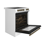 Cuisinière électrique Forno Leonardo blanche FFSEL6022-30WHT – vue de trois quarts, porte ouverte – Meubles TOCO