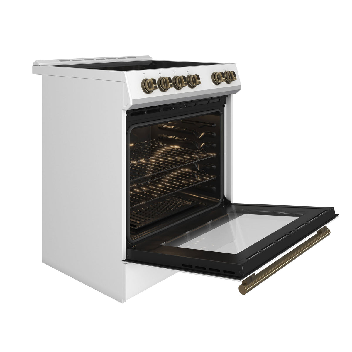 Cuisinière électrique Forno Leonardo blanche FFSEL6022-30WHT – vue de trois quarts, porte ouverte – Meubles TOCO
