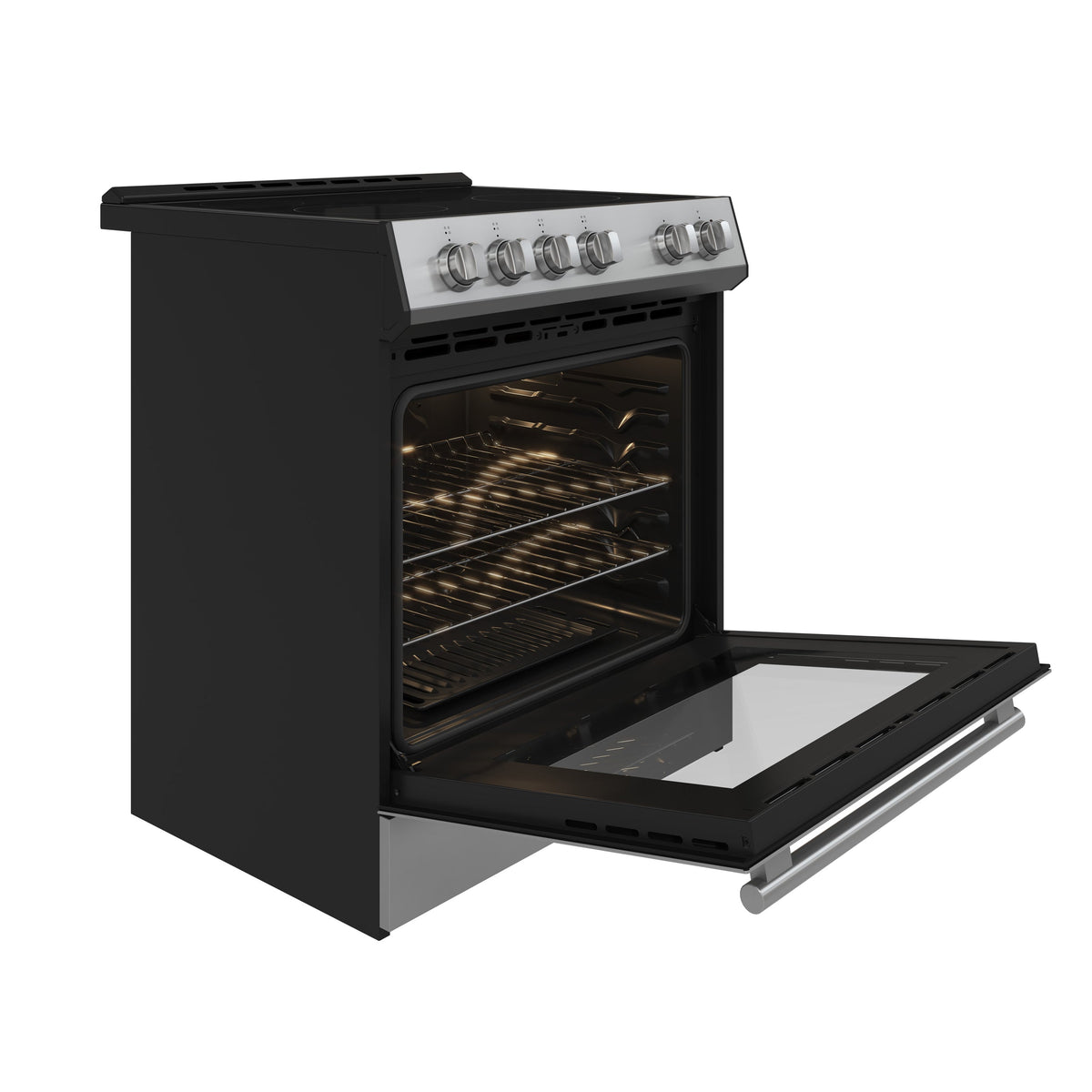 Cuisinière électrique Forno Leonardo inox FFSEL6022-30 – vue de trois quarts, porte ouverte – Meubles TOCO