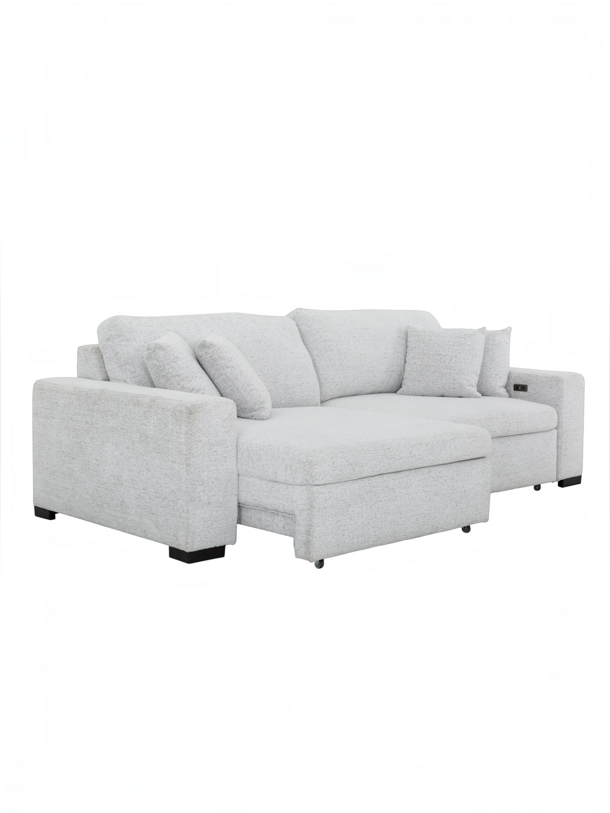 Sofa-chaise extensible TOCO Meubles Sacha en tissu gris perle avec mécanisme électrique et coussins rembourrés