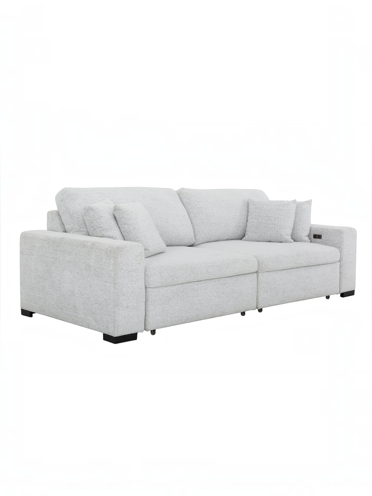 Sofa extensible Sacha de TOCO Meubles en tissu gris perle avec mécanisme électrique et coussins rembourrés