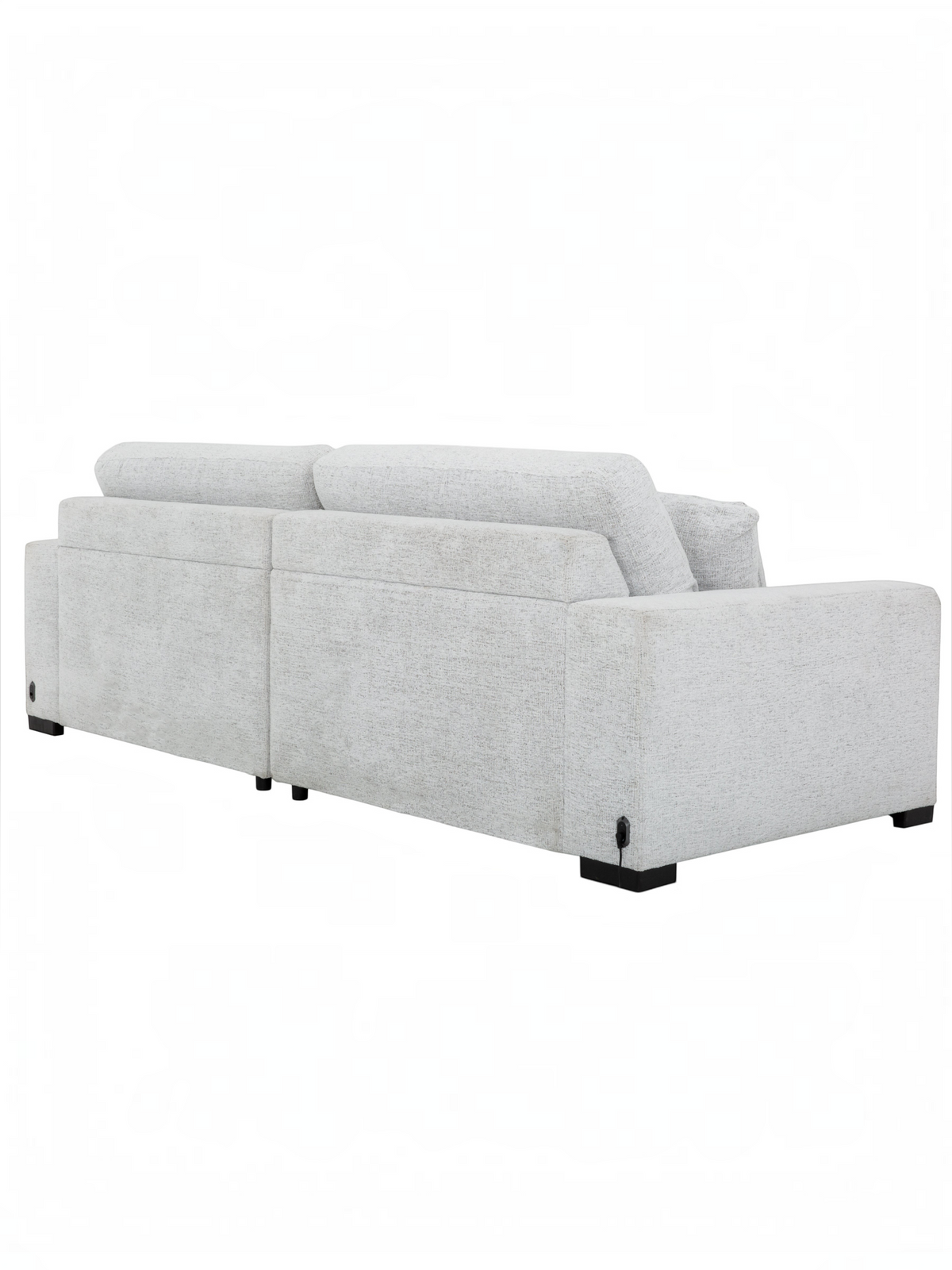 Vue arrière du sofa extensible Sacha de TOCO Meubles en tissu gris perle avec mécanisme électrique et pieds noirs